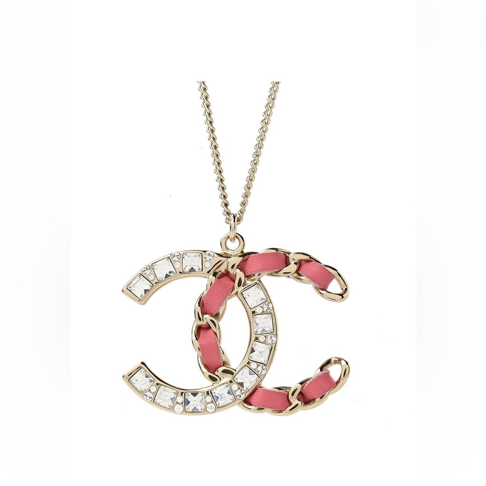 RARE PIECE new Chanel lambskin baguette crystal CC necklace gold & pink